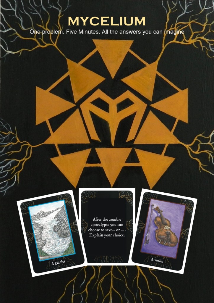 An intricate geometric yellow logo on a black background over which are featured three illustrated cards from the game Mycelium.